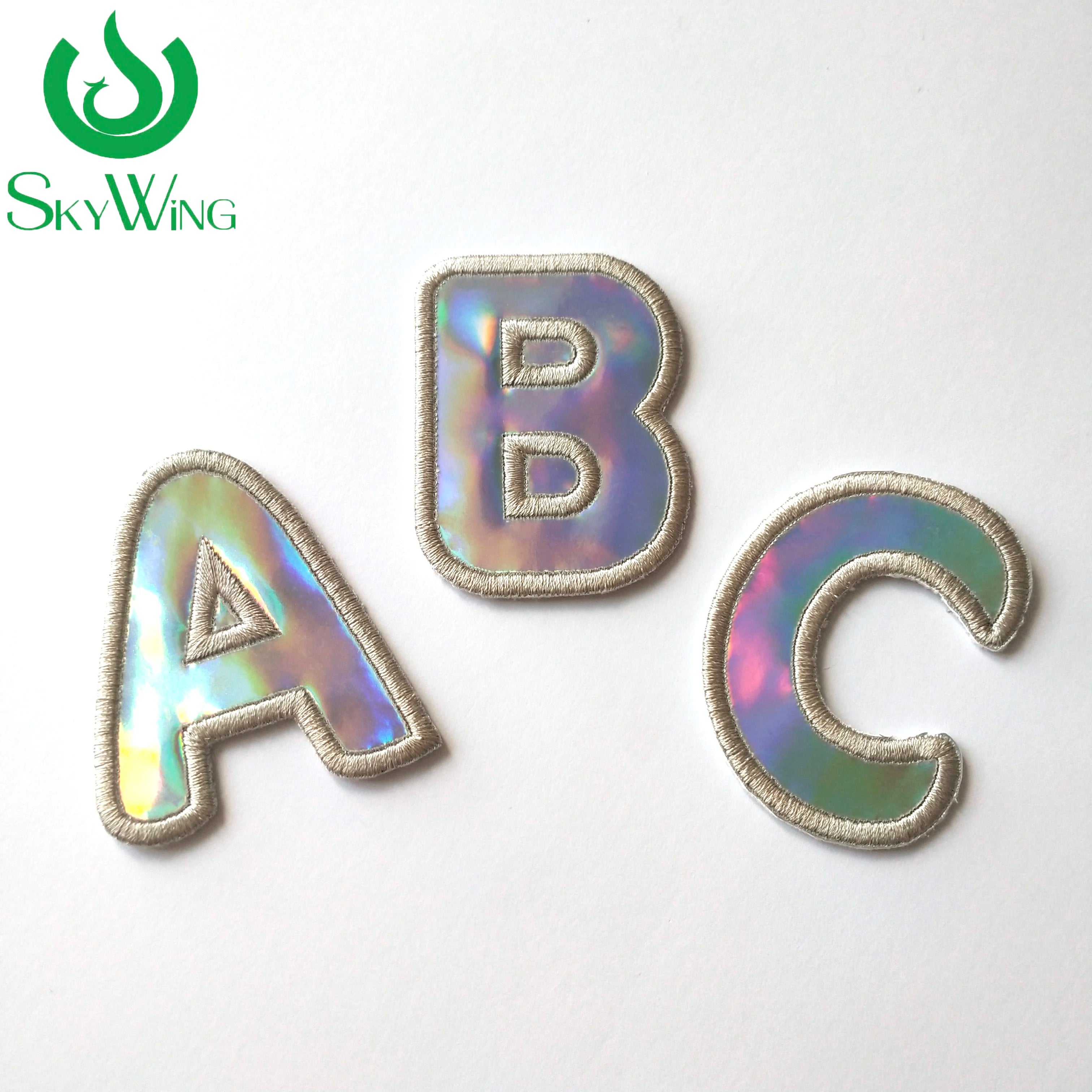 Fashionable Holographic Iridescent Reflective Embroidered Letters Custom A-Z Alphabet Waterproof PVC Clothing Patches Hat