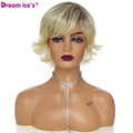 DREAM.ICE Short Ombre Blonde Pixie Cut Silky Straight Wavy Hair With Bangs for Women Dark Root Heat Resistant Synthetic Hair Wig