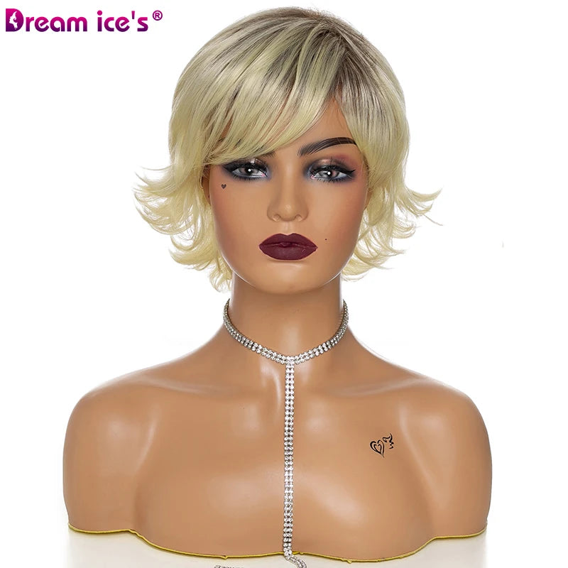 DREAM.ICE Short Ombre Blonde Pixie Cut Silky Straight Wavy Hair With Bangs for Women Dark Root Heat Resistant Synthetic Hair Wig