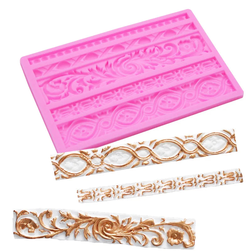 HY European Royalty Pattern Scroll Relief Flower Pearl Cake Border Silicone Fondant Mold