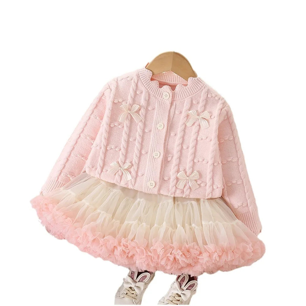 2025 Children's Clothing Autumn New Girls Sweet Bow Knitted Cardigan Sweater Puffy Skirt Set