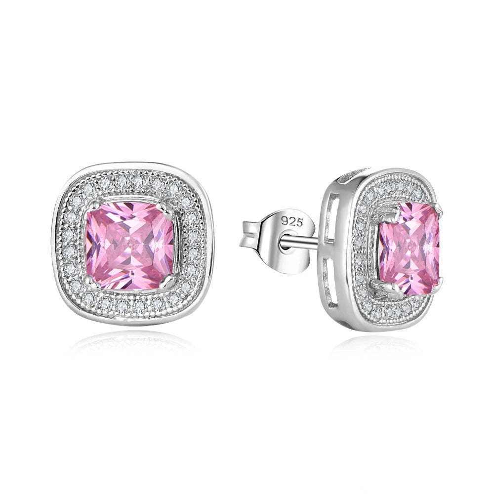 YILUN 925 Sterling Silver Earring Rhodium Plated Pink Square Zircon Hypoallergenic Factory Direct Women's Jewelry