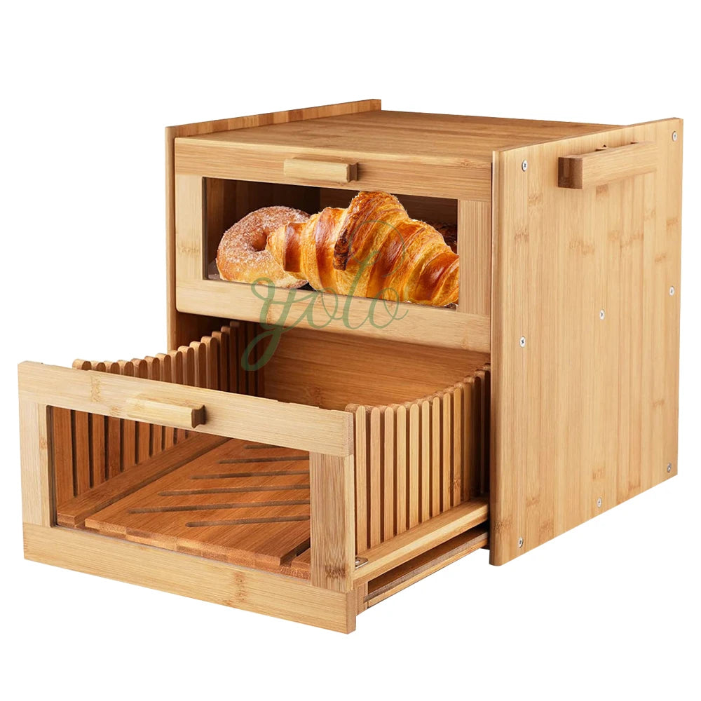 Custom Large 2-Tier Bamboo Bread Box with Clear Window Double-Layer Wooden Bread Storage Container Pantry Kitchen Eco-Friendly