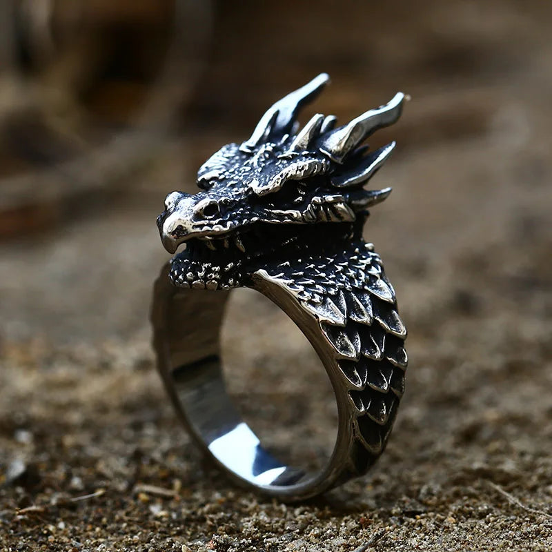 SS8-966R Steel Soldier Punk Male Ring Retro Gothic Dragon Head Stainless Steel Ring for Men Accessories Hip Hop Jewelry