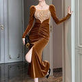 ZYHT 21526 Wholesale High Split Robe Femme Velvet Evening Sequin Christmas Dresses Styles Winter Woman Clothes