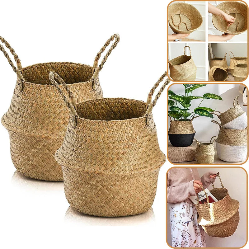 Hot Selling Shopping Fruit Baskets Foldable Round Woven Wicker Rattan Seagrass Belly Basket