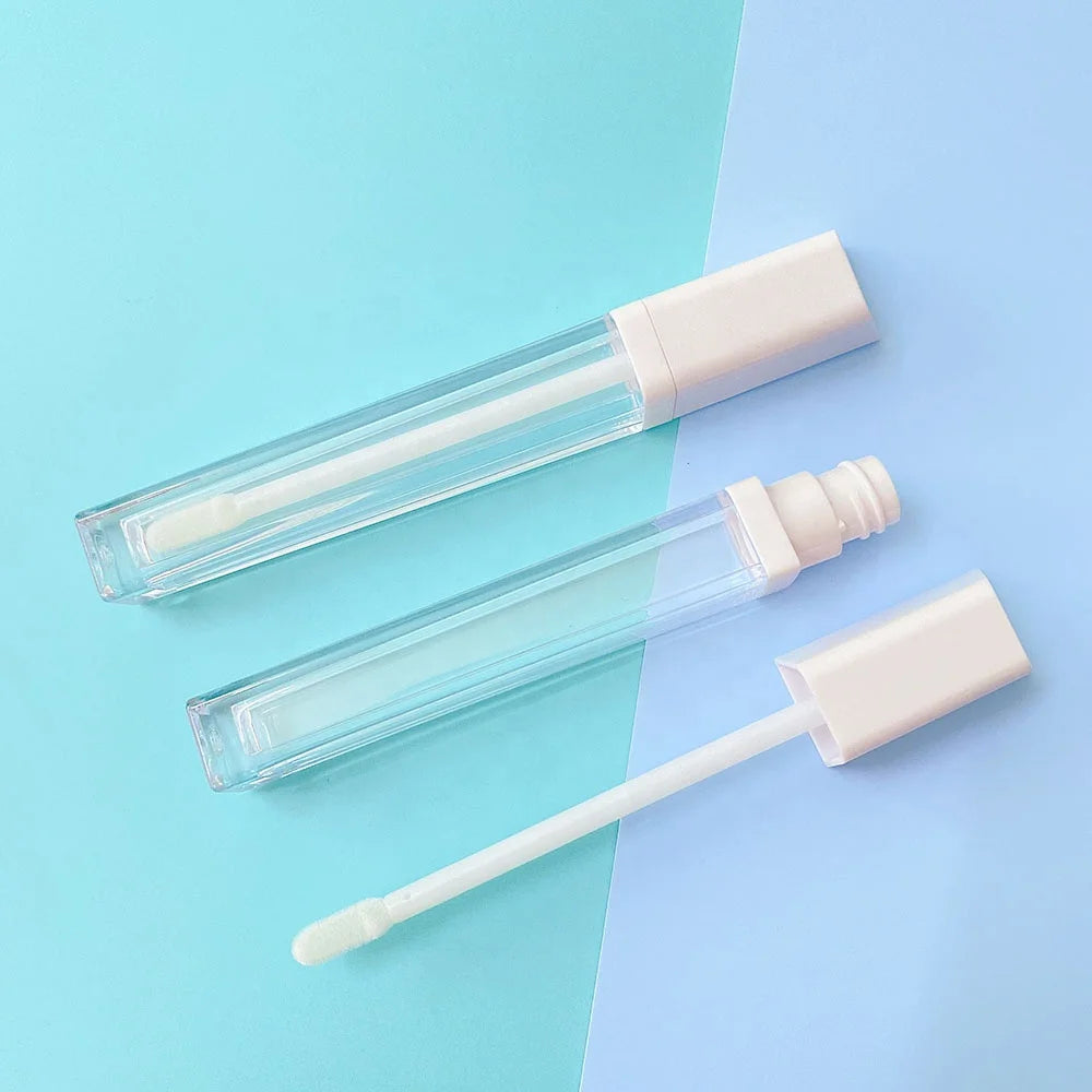 LZ Pack Slant Pearl White Top Clear Bottle Long 7ml Lipgloss Tubes Wholesale Custom Logo Lip Gloss Tubes
