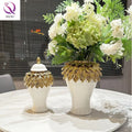 Light Luxury Handcrafted White Ceramic Vase Elegant Gold Plating Floral Leaf Ceramic Ginger Jar for Hotel Desktop Home Decor