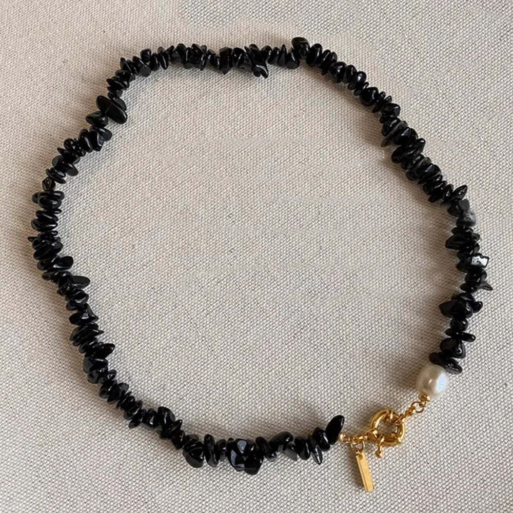 New Personalized Fashion Natural Black Stone Bead Freshwater Baroque Pearl Necklace Women Gifts Factory Custom Jewelry