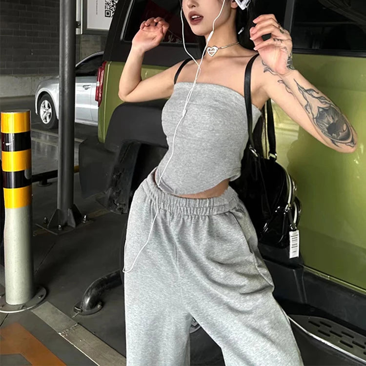 2025 New Fashion 100% Cotton 2 Piece Tube Crop Top High Waist Pants Set for Women Summer Women'S Sets