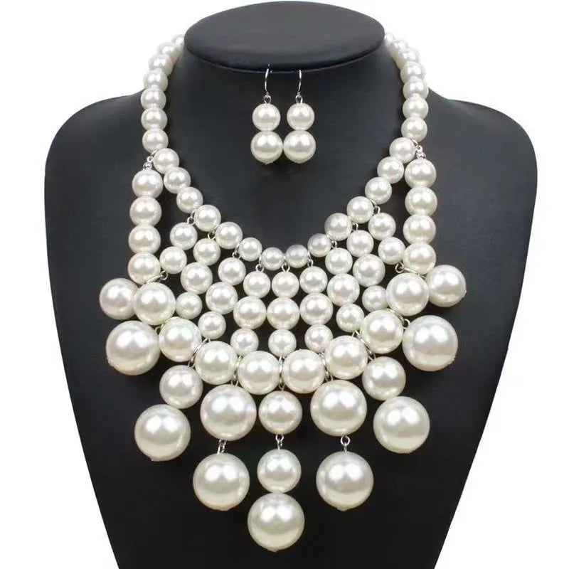 Luxury Vintage Trendy 3-Strand Imitation Pearl Beaded Choker Women's Indian Necklace Set 18K Gold Plated Anniversary Flower