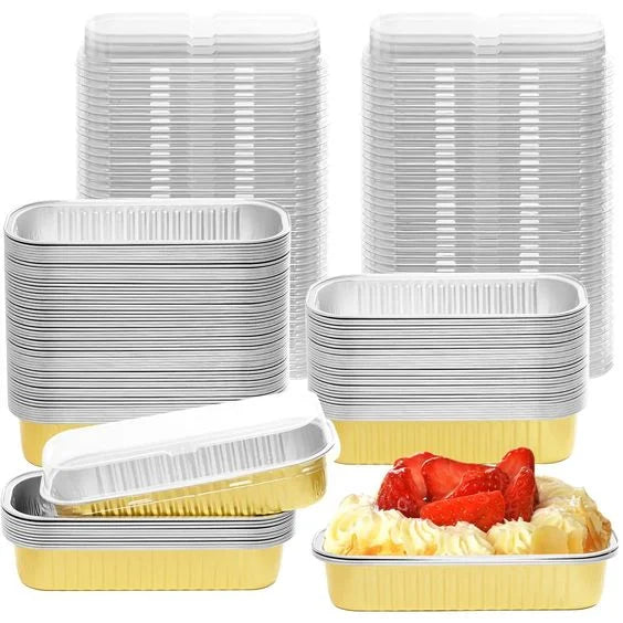 Rectangular Mini Cheesecake Cups Baking Tin Aluminum Food Tray Gold Color Microwave Aluminum Containers with Heat Sealing Lid