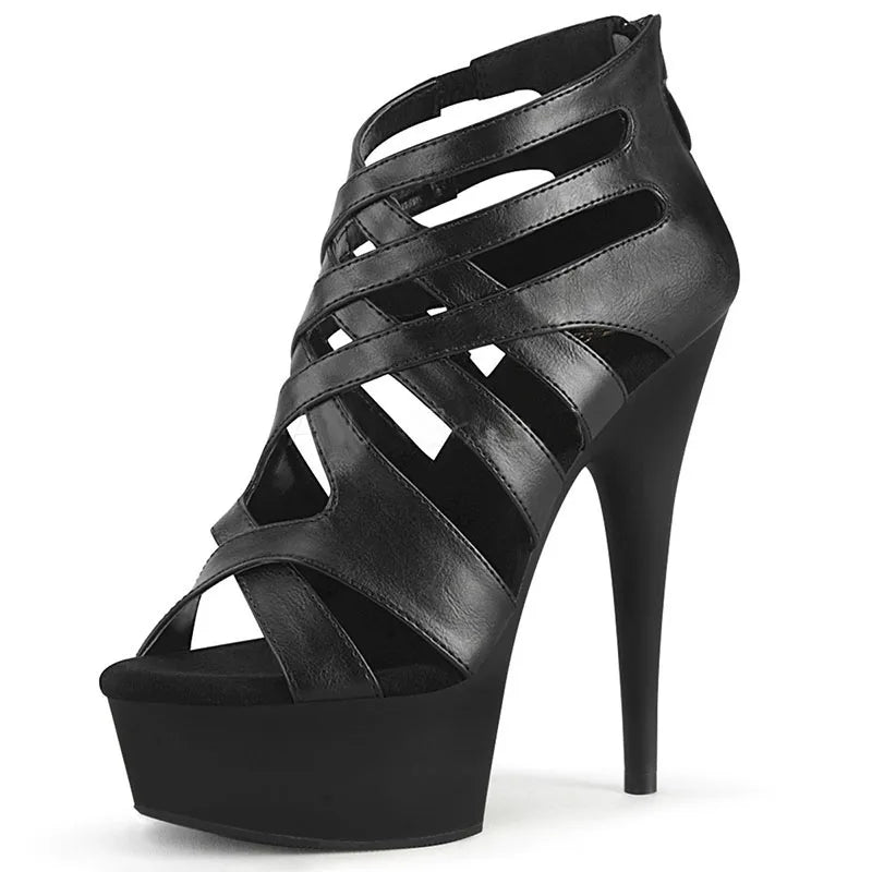 New Black Hollow Out 15 cm Pole Dance 6-inch High Heels Platform Leaky Toe Hollow Out Striptease Shoes Platform Sandals