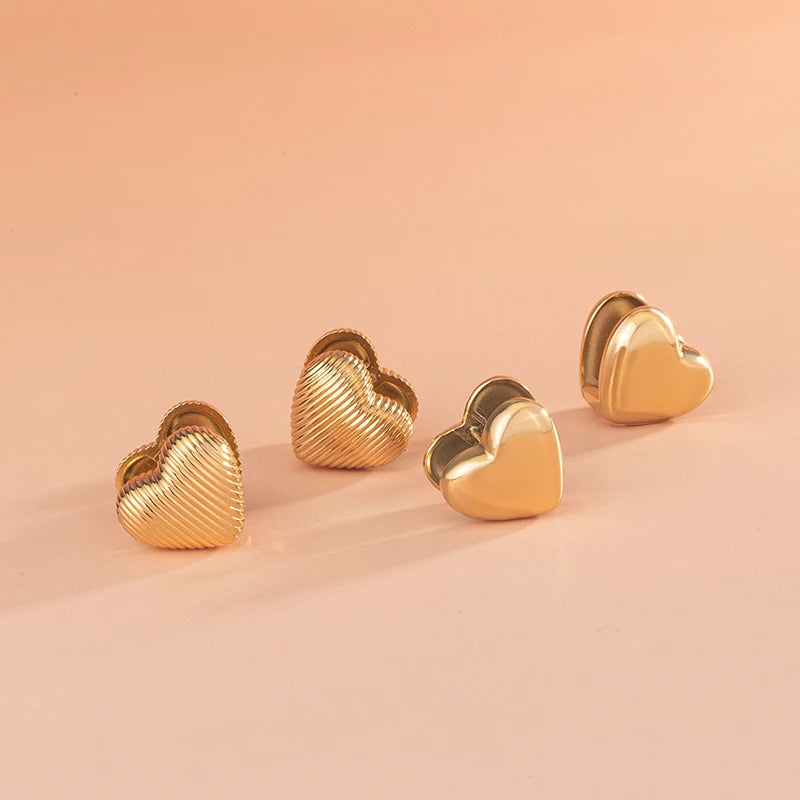 Waterproof Minimalist Jewelry 18K Gold Plated Double Heart Shaped Striped Texture Stainless Steel Stud Earrings Jewelry Girls