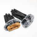 Women PU Leather Gloves Suede Velvet Winter  Warm Gloves Faux Rabbit Fur Warm Outdoor Touch Screen Black Gloves Mittens M0471