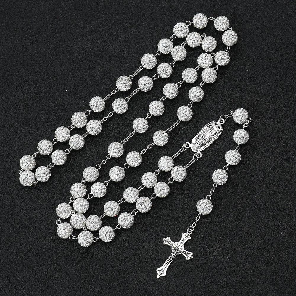 10mm Rhinestones Beads Pave Disco Ball Clay Beaded Necklace Shinny Polymer Clay Catholic Our Lady of Guadalupe Prayer Rosary