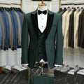 Elegant Green Men Suits One Button Black Peaked Lapel Outfits Skinny Prom Party Full Set Luxury 3 Piece Jacket Pants Vest Blazer