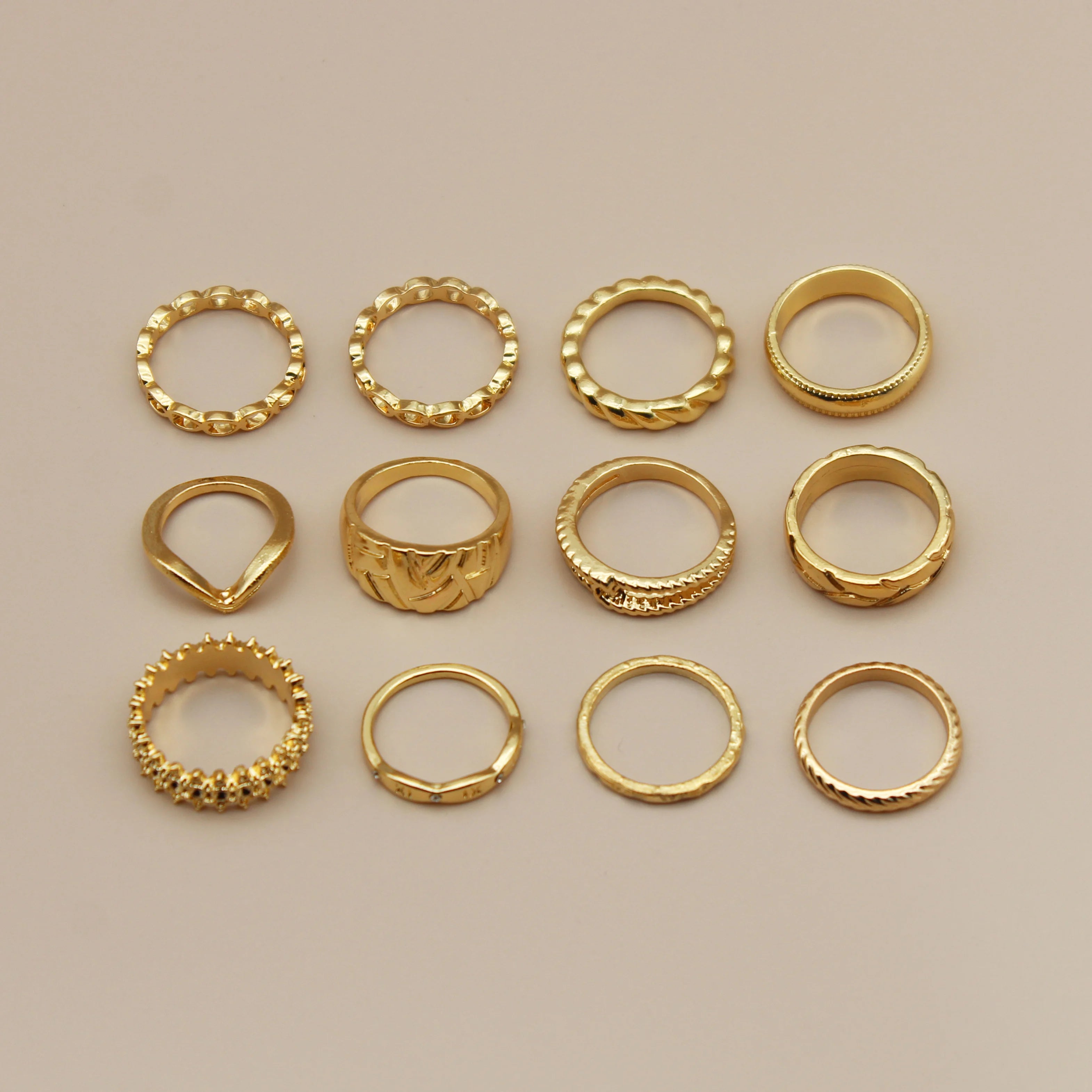 For Custom Brass Vintage Gold Plated Punk Crystal Leaf Wave Geometric Women's Knuckle Rings Set 2024