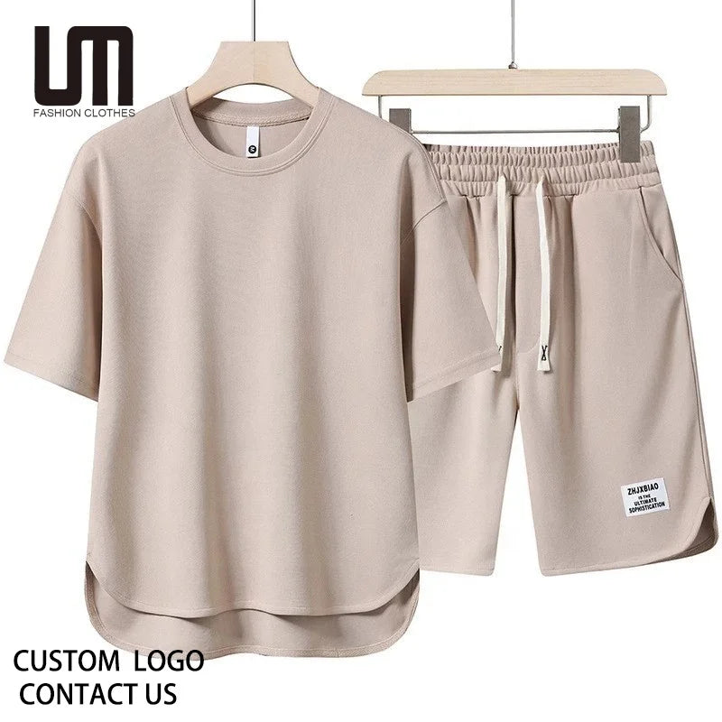 Custom Logo Wholesale Men Clothing Set Asian Size Casual T Shirt Shorts Pants 2 Piece Set