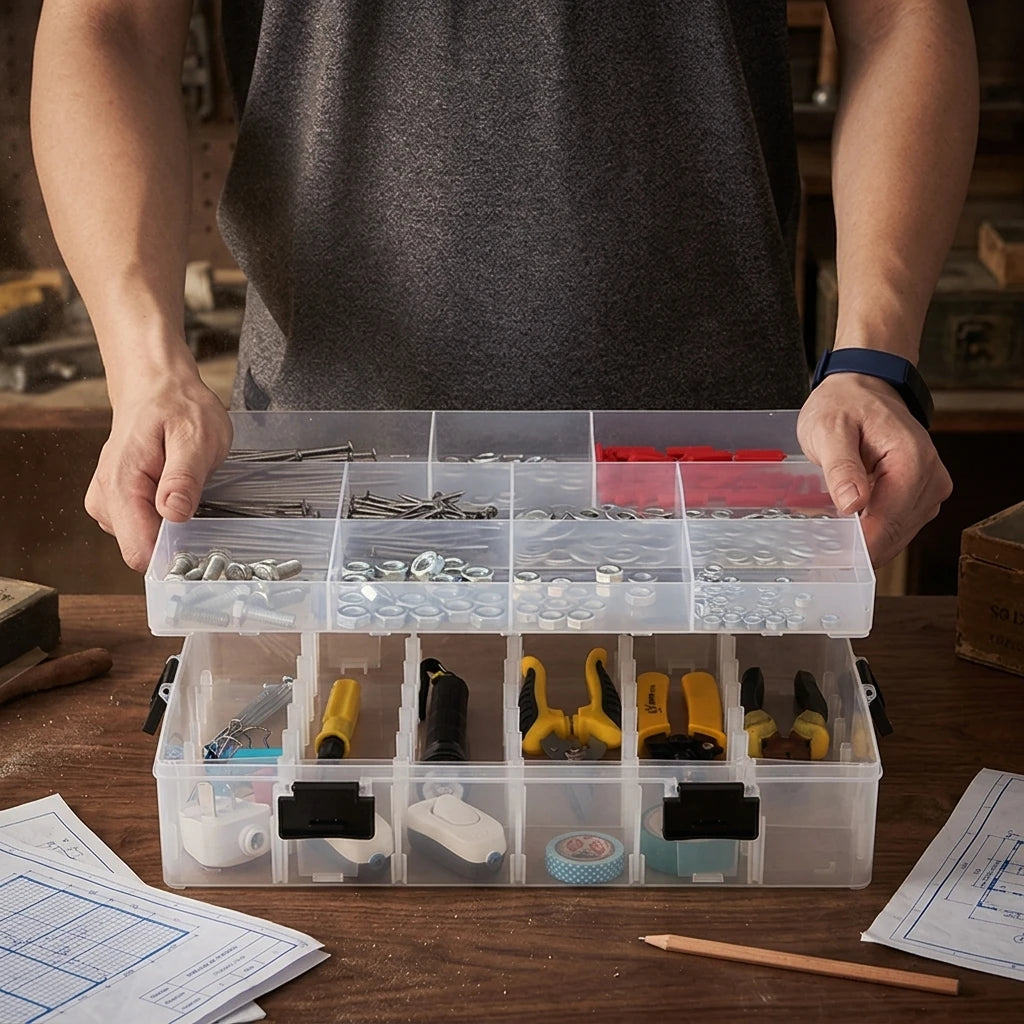 Office Organizer Storage Tool Case with Hardware Screw Compartments Rectangle PP Plastic Bin