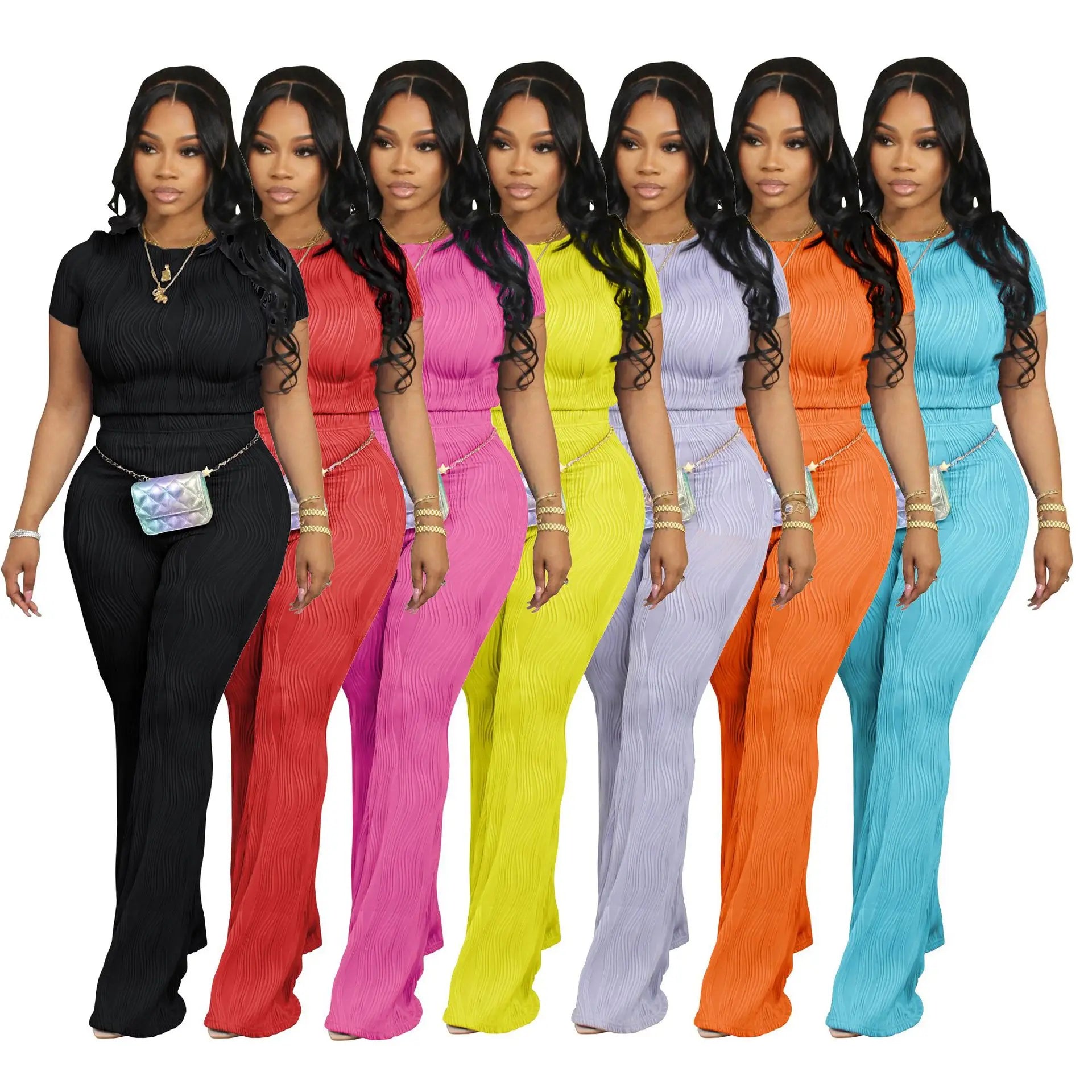 Custom LOGO Women Short Sleeve Knit Two Piece  Set Women Clothing High Waist Flare Pants Ladies Two Piece Outfits
