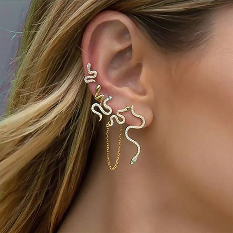 Diamond Chain Snake Stud Earring Set Punk Hip Hop Ear Ring Bulk For Women Hiphop Snake Texture Stud Earrings