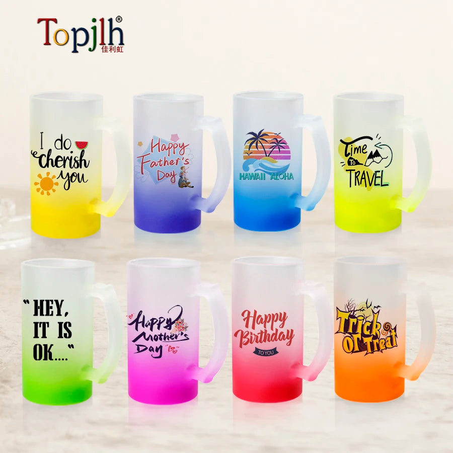 Topjlh Sublimation 16oz Frosted Gradient Colored Beer Mug Hot Selling Blank Customized Printed Logo Cup with Modern Style Handle