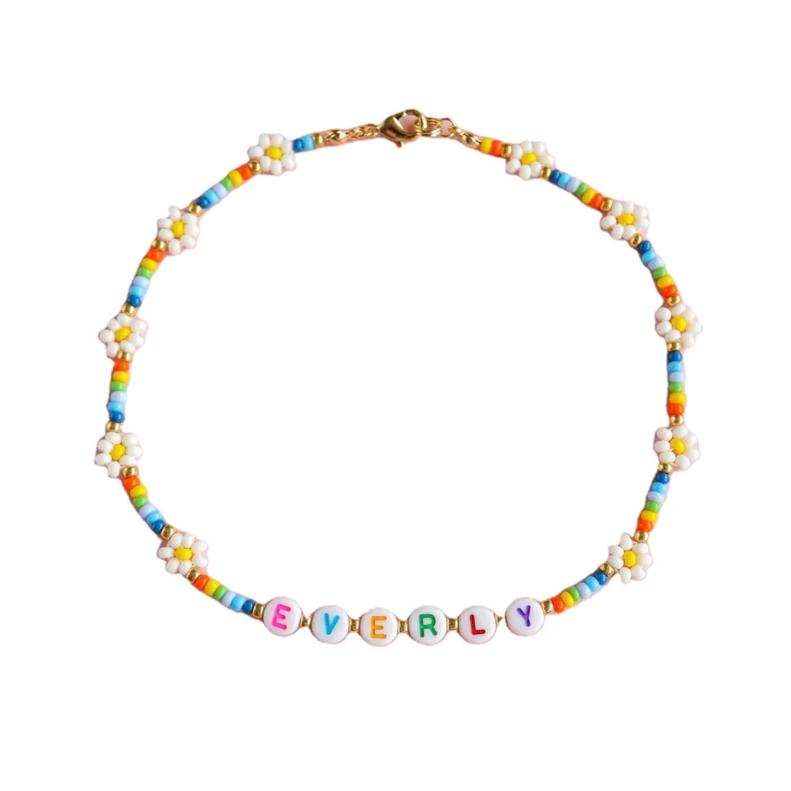 Qiuhan Bohemian Hand Woven Little Daisy Flowers Rainbow Acrylic Custom Name Necklace