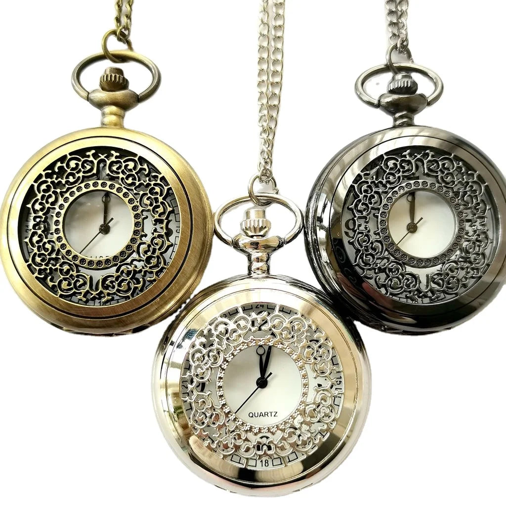 Antique Retro Bronze Flip Hollowed Flower Quartz Zinc Alloy Dial 4.7CM Pocket Watch