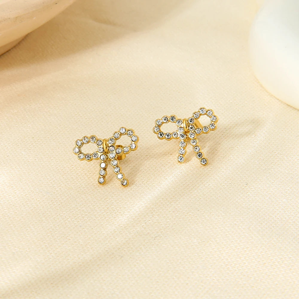 Dainty Stainless Steel 18K Gold Plated Rhinestone Paved Bow Stud Earrings Waterproof Women Party Gift