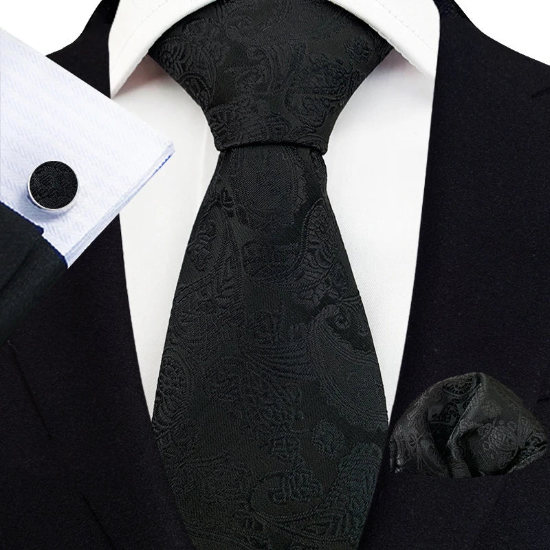 Navy Blue Black Business Necktie Polyester Mens Tie Set Pocket Square With Cufflinks Gift Set for Wedding Suit Tie and Hankies