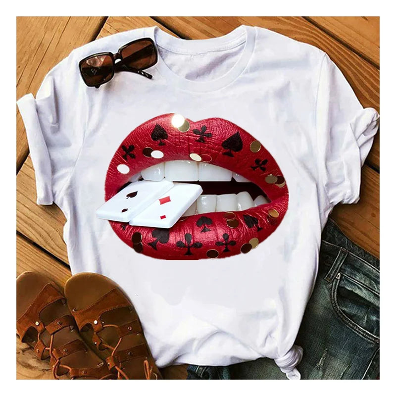 Sequins Shiny Lip Print Women T Shirt Short Sleeve O Neck Loose Women Tshirt Ladies Tee Shirt Tops Clothes Camisetas Mujer