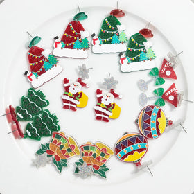 New 2024 Cartoon Santa Claus Colorful Glitter Christmas Tree Snowflake Balloon Santa Hat Bell Acrylic Drop Earrings Girls Women
