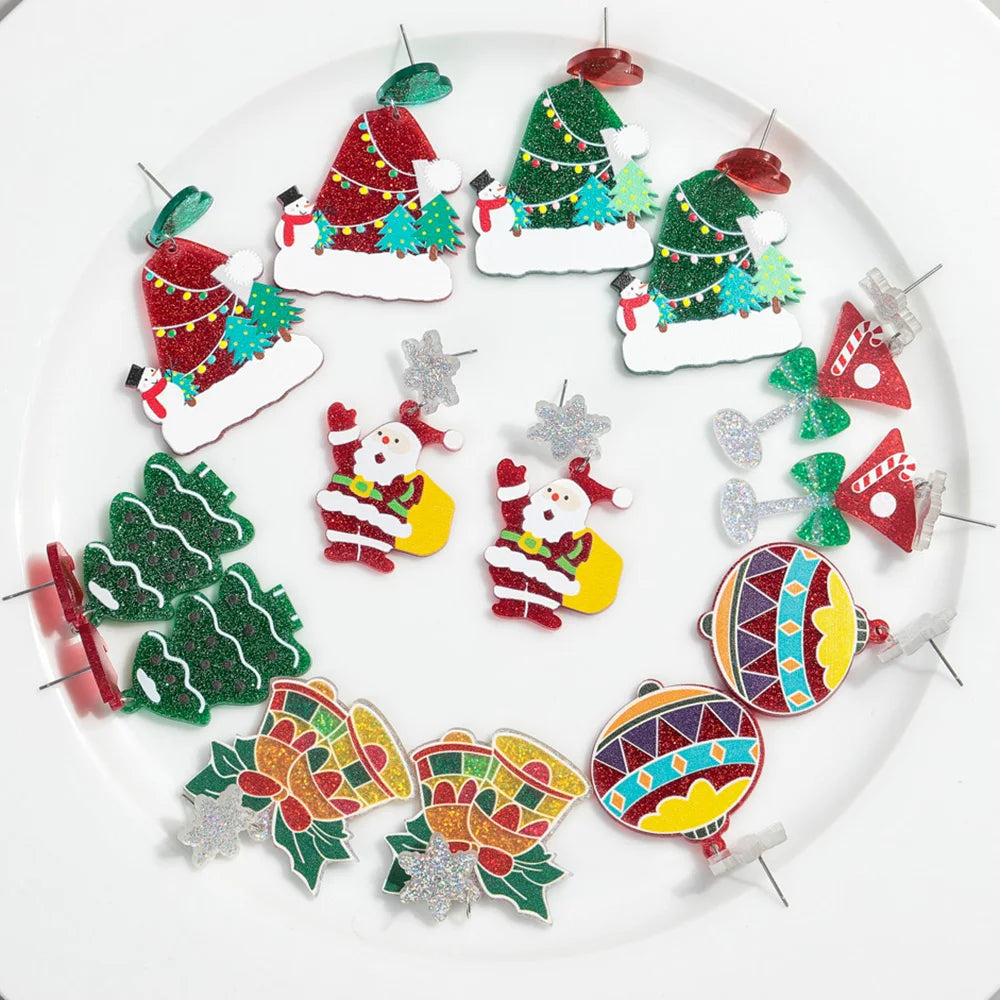 New 2024 Cartoon Santa Claus Colorful Glitter Christmas Tree Snowflake Balloon Santa Hat Bell Acrylic Drop Earrings Girls Women