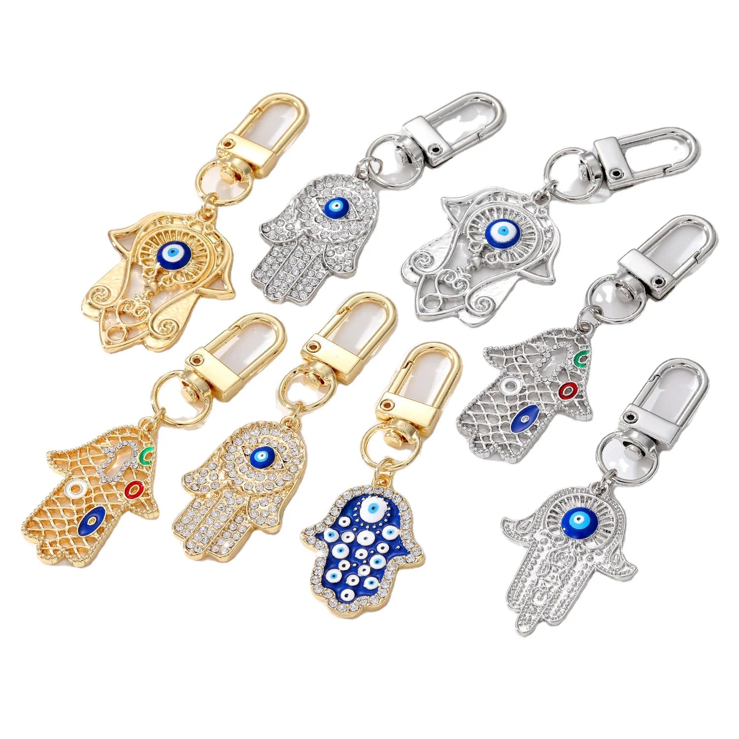 Europe Vintage Turkish Evil Eyes Hand Shaped Key Ring Rhinestone Hamsa Hand Pendant Keychain Accessory