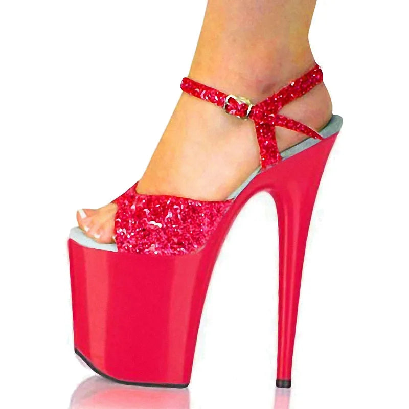 Red Sequins Sexy Banquet High Heels 20 cm Pole Dance Platform High Heels Women's Large Leaky Toe Sandals