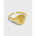 925 Sterling Silver Rose Flower Engraved Signet Ring 18K Gold Plated Adjustable Statement Ring