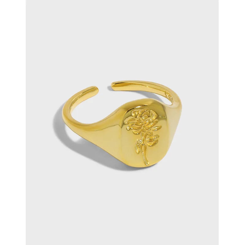925 Sterling Silver Rose Flower Engraved Signet Ring 18K Gold Plated Adjustable Statement Ring