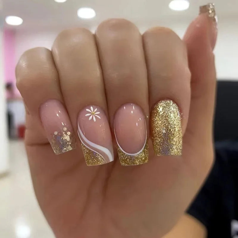 French Gold Glitter French Short square False Nails Sale Reusable False Nails Box Press on Nails Cheapest