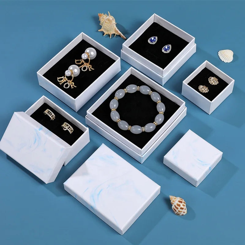 Marble Blue Necklace Earring Packaging White Cardboard Paper Jewelry Box with Sponge UV Coating Embossing for Arranging Jewelry