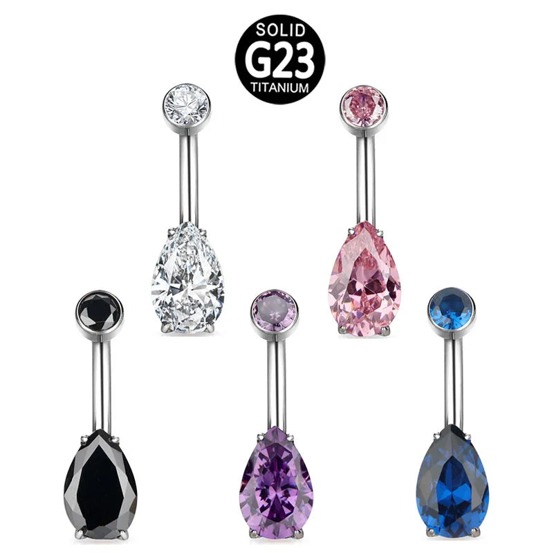 ASTM F136 G23 Titanium Body Piercing Jewelry Pear Shape CZ Navel Belly Button Rings for Women