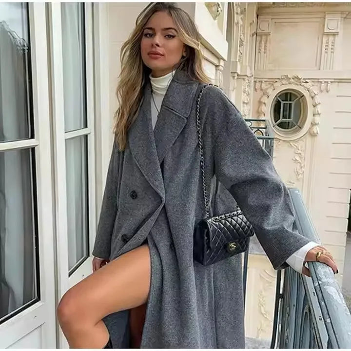 2025 Autumn Winter Solid Female Streetwear Coats Casual Double-Breasted Office Ladies Long Coat Lapel Women Straight Overcoat