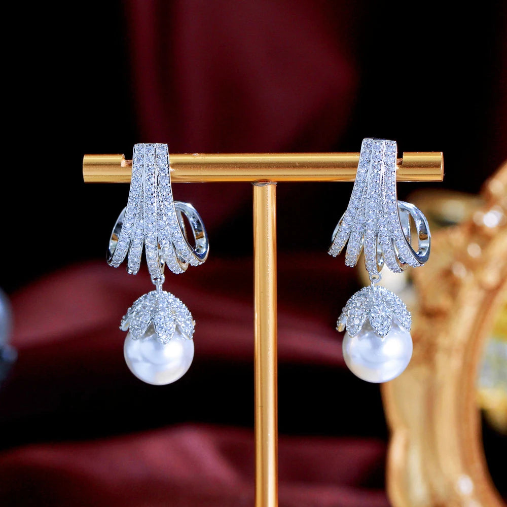 Honorable Design Sparkly White Cubic Zirconia Imitation Pearl Wedding Bridal Long Dangle Drop Earrings for Women Dress Jewelry