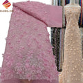 African Lace Fabric 2024 Hot Baby Pink Beaded Lace Fabric With Pearls Beautiful 3D Mesh Flower Embroidery Fabric for Wedding