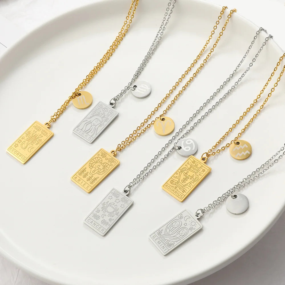 Ins Minimalist  Retro Stainless Steel Gold Plated Twelve Zodiac Horoscope  Pendant Necklace