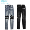Factory Custom European and American High Street Style Leather Patch Zipper Motorcycle Feet Slim Stretch Jeans for Men
