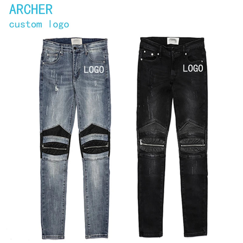 Factory Custom European and American High Street Style Leather Patch Zipper Motorcycle Feet Slim Stretch Jeans for Men