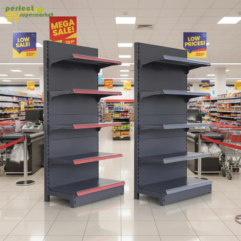 Cost-effective Strong Bearing Capacity Dark Gray Metallic Display Racks Supermarket Shelf Epoxy Powder Coating Gondola Style