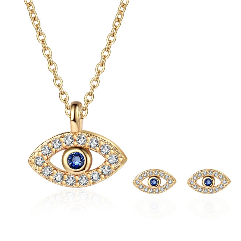 Vintage Golden Eye Necklace & Earring Set for Women Wedding Anniversary Jewelry with 18K Gold Plating and Zircon Stones