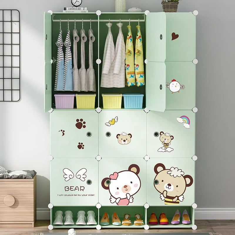 Children's Modern Cartoon Extendable Wardrobe with Shoe Lattice Storage for Baby Clothes DIY Combination Plastic Wardrobe